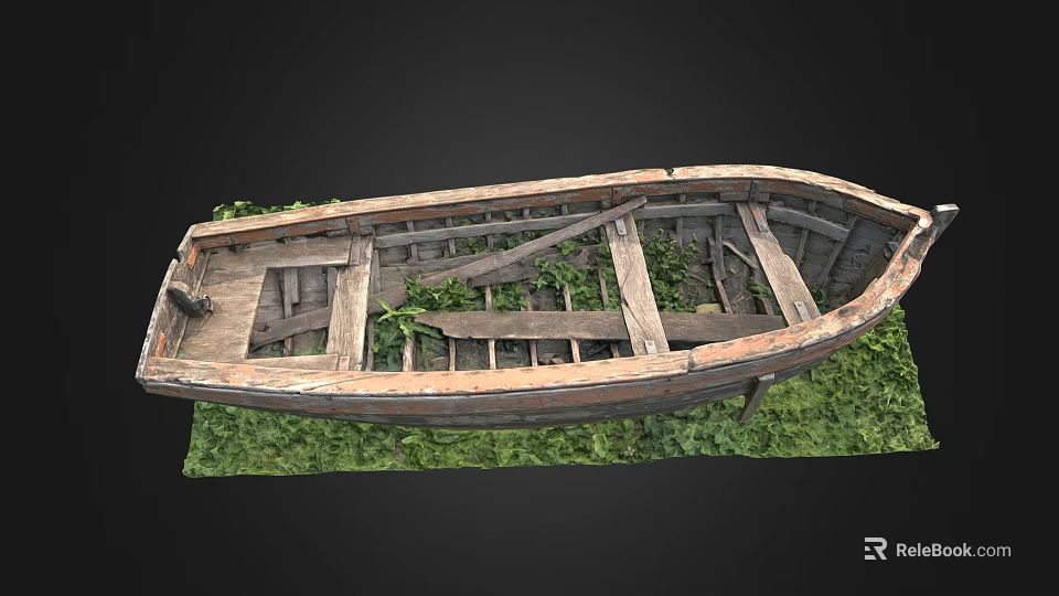 Old Wooden Boat With Weathered Planks And Frame On Green Grass 3d model 
