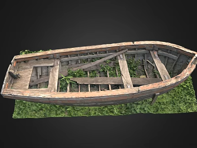 Old Wooden Boat With Weathered Planks And Frame On Green Grass 3d model