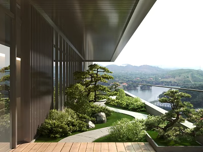 Home Balcony With Green Plants Pine Trees Wooden Flooring Stone Pathway And Mountain River View 3d model