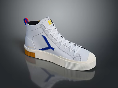 White High Top Sneakers With Blue And Yellow Accents And Brown Sole For Daily Wear 3d model
