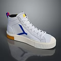 White High Top Sneakers With Blue And Yellow Accents And Brown Sole For Daily Wear