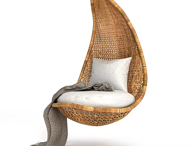 Natural Rattan Hanging Chair With White Cushion And Gray Blanket For Cozy Indoor Decoration 3d model