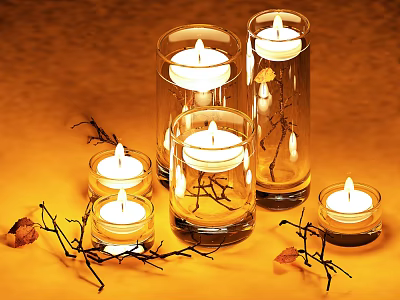 Glass Candle Lamps With Lit Candles And Twigs On Yellow Background 3d model