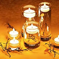 Glass Candle Lamps With Lit Candles And Twigs On Yellow Background