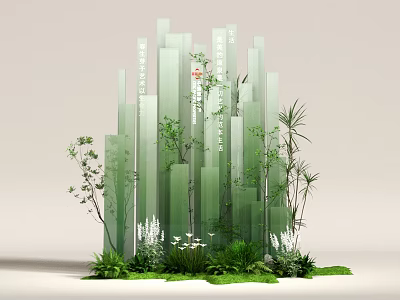 Modern Photo Check In Spot With Green Acrylic Columnar Structures And Surrounding Plants 3d model