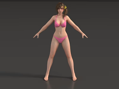 Woman in pink bikini with yellow flower in hair standing with arms outstretched 3d model