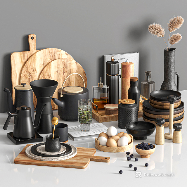 Modern Kitchen Utensils With Black Cookware Wooden Cutting Boards Cups Eggs Blueberries And Spice Jars 3d model 