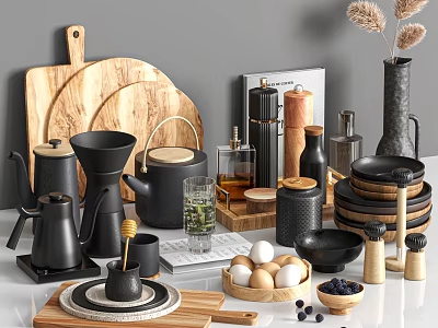 Modern Kitchen Utensils With Black Cookware Wooden Cutting Boards Cups Eggs Blueberries And Spice Jars 3d model