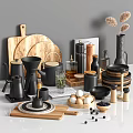 Modern Kitchen Utensils With Black Cookware Wooden Cutting Boards Cups Eggs Blueberries And Spice Jars