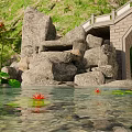 Ancient Architecture on Mountain Slope With Traditional Roof Stone Bridge and Flowing Stream
