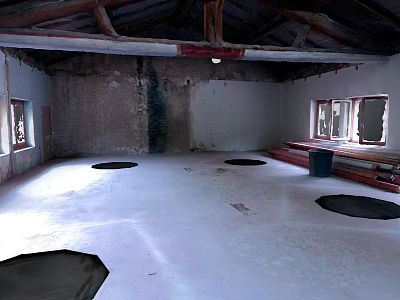 Unfinished Building Interior With Wooden Beams Damaged Walls Windows And Circular Floor Depressions 3d model