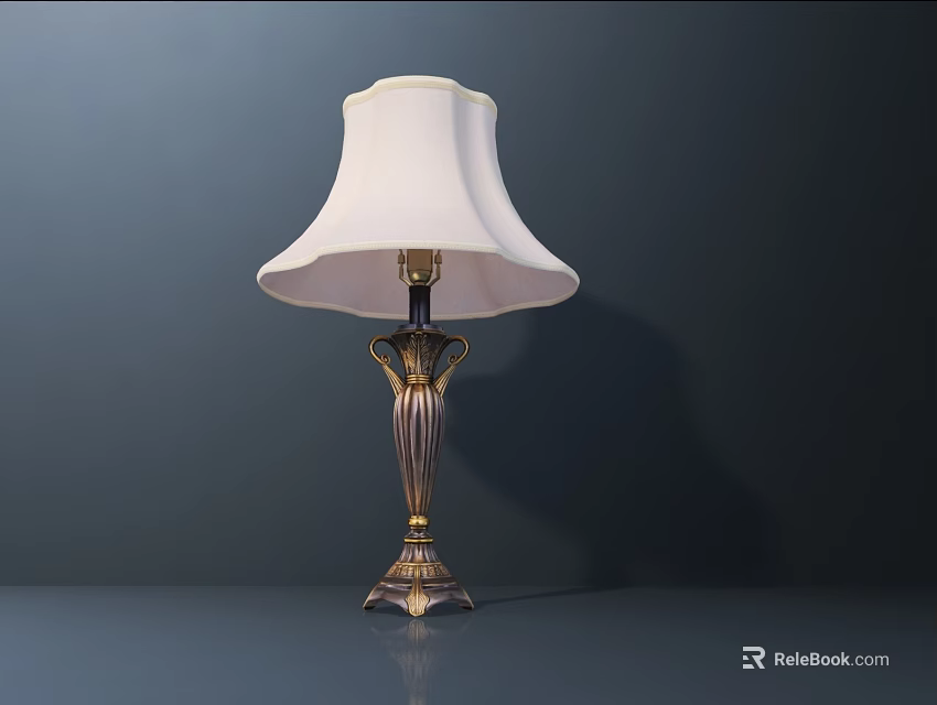 Elegant Table Lamp With White Lampshade And Brass Decorative Base On Dark Background 3d model 