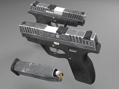 Black And Silver Modern Pistols With Detachable Magazine And Metallic Finish 3d model
