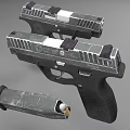 Black And Silver Modern Pistols With Detachable Magazine And Metallic Finish