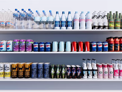 Assorted Bottled and Canned Beverages Displayed on Shelves with Various Brands and Colors 3d model