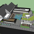 Contemporary Sales Office Building Featuring Glass Facades Geometric Roof And Courtyard Greenery