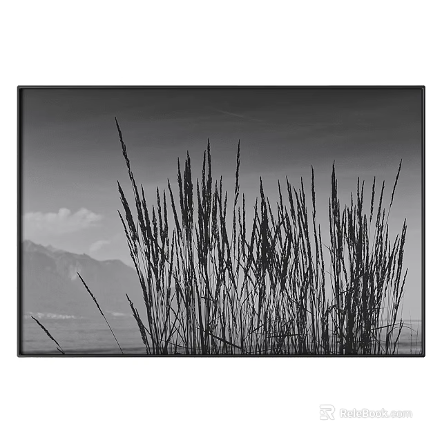 Black and White Landscape Painting With Tall Grass Mountain Range Calm Lake And Cloudy Sky 3d model 