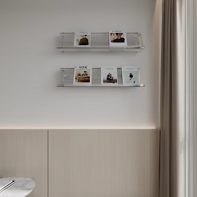 Transparent Wall Mounted Cabinets with Books and Magazines on Light Colored Wall 3d model