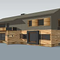 Wooden Detached Villa With Mountain Backdrop Outdoor Staircase And Green Lawn