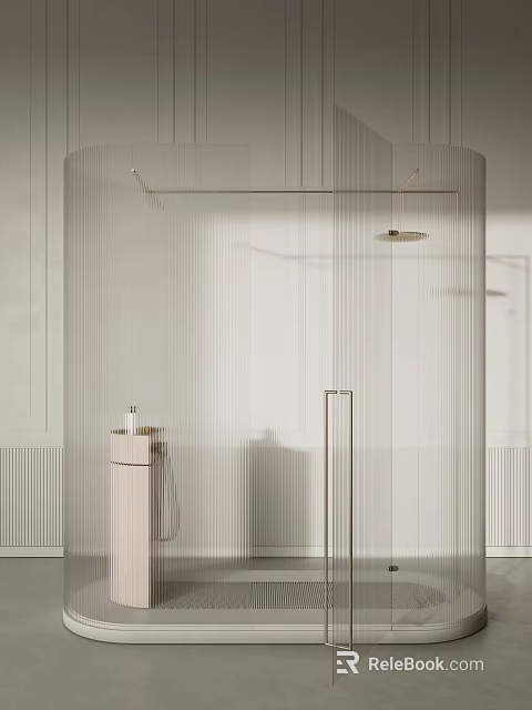Modern Shower Sauna Interior With Transparent Glass Partition Minimalist Design White Tone And Metal Washstand 3d model 