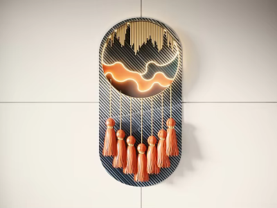 Hanging Modern Wall Decor With Orange Tassels Black Gold Geometric Illuminated Design 3d model