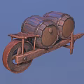Two Blue Striped Wooden Barrels On Wooden Cart With Red Cross Marks And Wheels