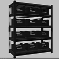 Multi Tiered Black Shelving Unit With Storage Bins And Labels 3d model