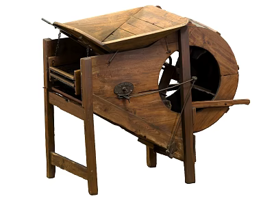 Vintage Wooden Agricultural Equipment With Wheel And Lever For Manual Operation 3d model