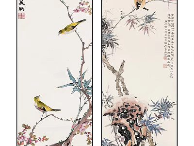 Traditional Chinese Painting Artwork With Birds Flowers Branches And Bamboo Leaves 3d model