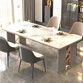 Elegant Modern Dining Table Set With Marble Top And Four Gray Chairs Metal Accents
