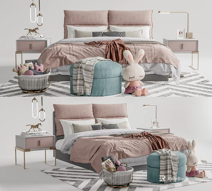 Children's Bed with Pink Bedding Stuffed Rabbit Toy Blue Ottoman Nightstand and Rug 3d model 