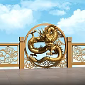 Ornate Traditional Railing With Circular Dragon Relief Tile Floor And Blue Sky