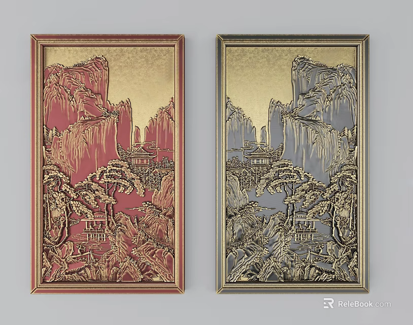 Chinese Style Relief Decorative Paintings With Mountain Scenery Red Gold Frames 3d model 