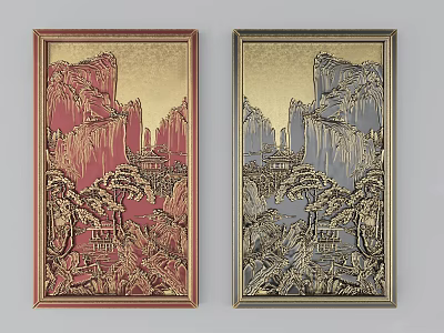 Chinese Style Relief Decorative Paintings With Mountain Scenery Red Gold Frames 3d model