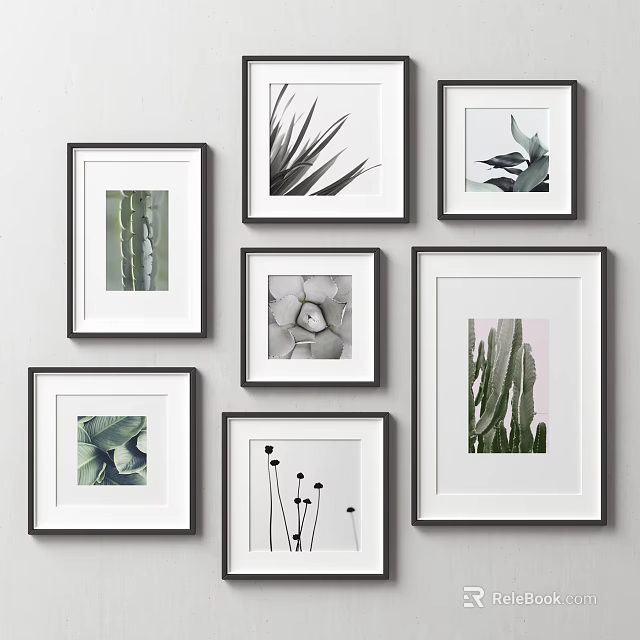 Wall Art Prints With Cactus Succulent Leaf Designs White Mat Black Frame On Wall 3d model