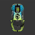 Vibrant Green And Blue Sports Car With Graphic Design Rear Spoiler And Sharp Front