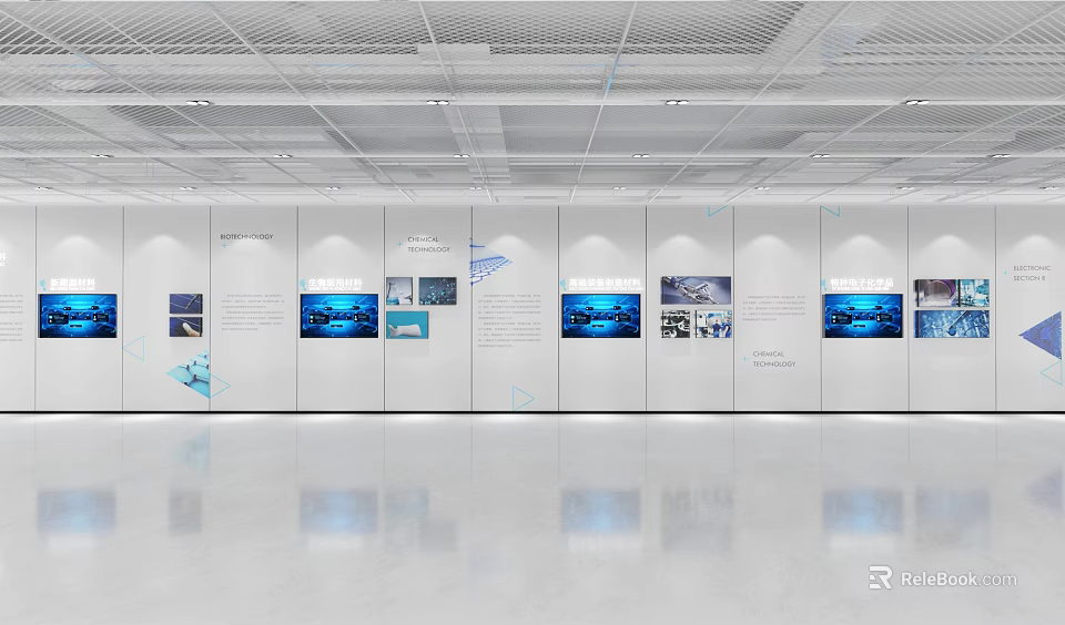 Modern Exhibition Hall Interior With Display Walls Digital Screens White Walls And Reflective Floor 3d model 