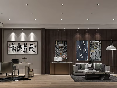 Modern Office Interior With Chinese Calligraphy Works Wooden Walls Sofa Coffee Table And Pendant Lights 3d model
