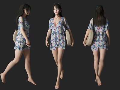 Woman In Floral Dress With Straw Bag Three Quarter Back Front Views 3d model