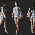 Woman In Floral Dress With Straw Bag Three Quarter Back Front Views