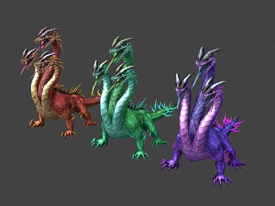 Colorful Multi Headed Dragons With Red Green Purple Scales As Mythical Fantasy Creatures 3d model
