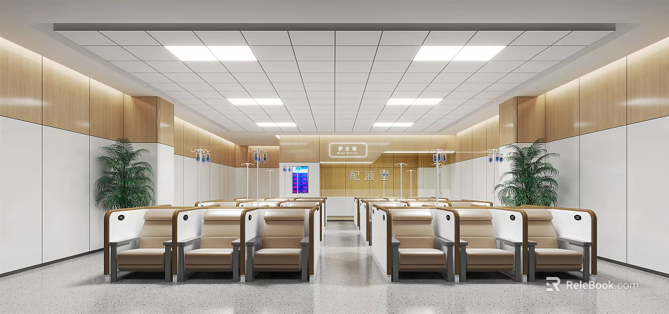 Modern Hospital Outpatient Waiting Area With Comfortable Seats And Green Plants 3d model 