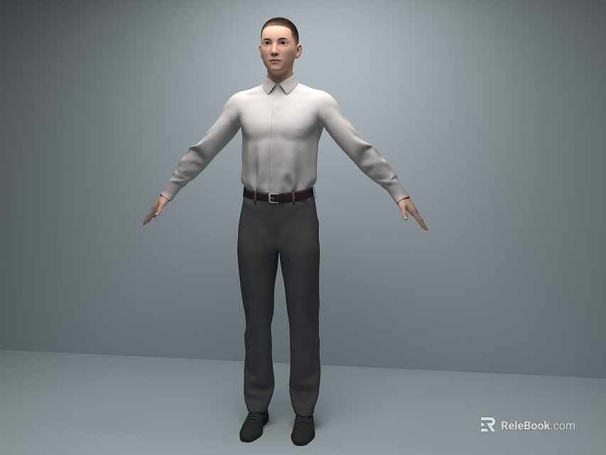 Man Standing With Arms Outstretched In White Shirt And Gray Pants 3d model 