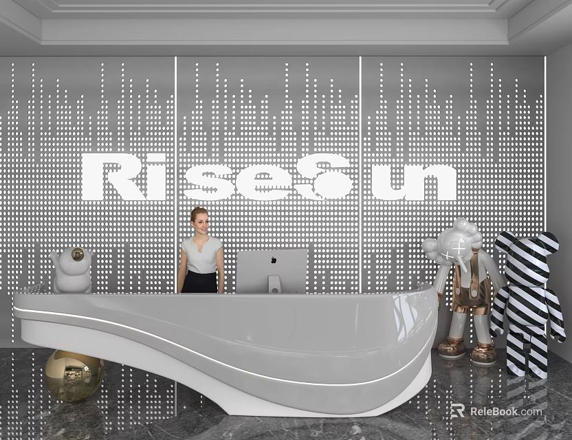 Store Front Desk with RiseSun Sign on Decorative Wall White Curved Design and Marble Floor 3d model 
