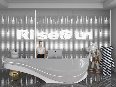 Store Front Desk with RiseSun Sign on Decorative Wall White Curved Design and Marble Floor 3d model