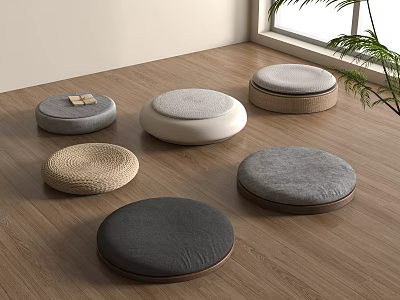 Round Floor Cushions With Various Colors And Textures For Indoor Seating 3d model