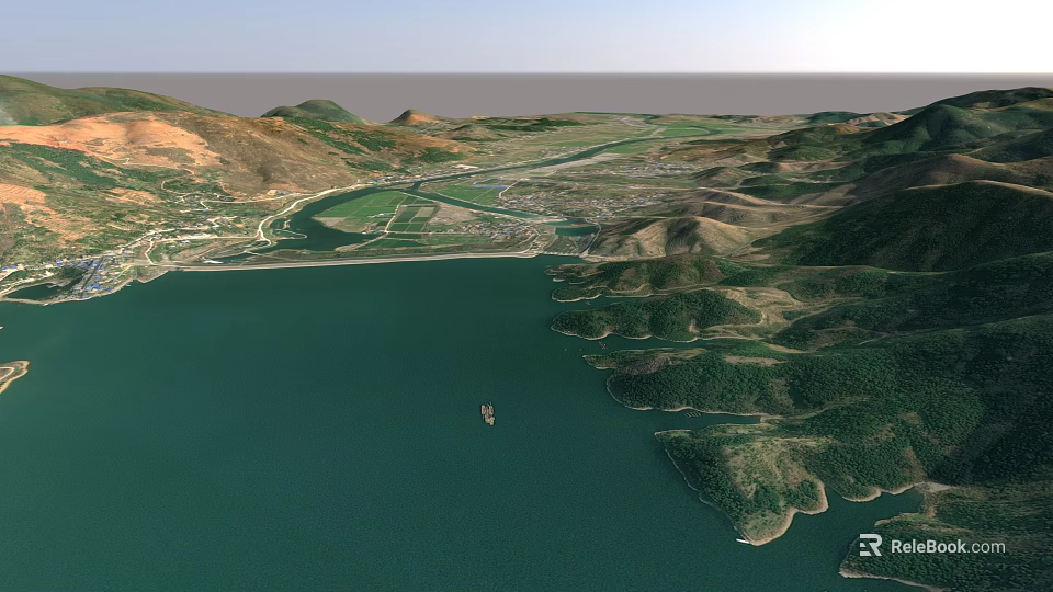 Aerial Planning of Mountainous Landscape with Lake Green Areas and Regional Road Networks 3d model 