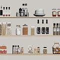 Organized Kitchen Shelves With Assorted Glass Spice Bottles And Condiment Jars