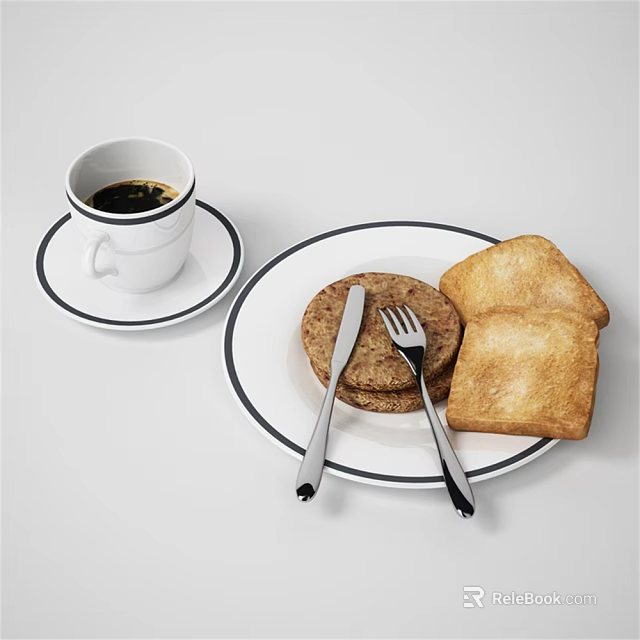 Delicious Breakfast Food Featuring Pancakes Toast Coffee On Plate With Saucer And Knife Fork 3d model 