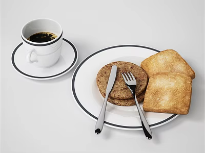 Delicious Breakfast Food Featuring Pancakes Toast Coffee On Plate With Saucer And Knife Fork 3d model